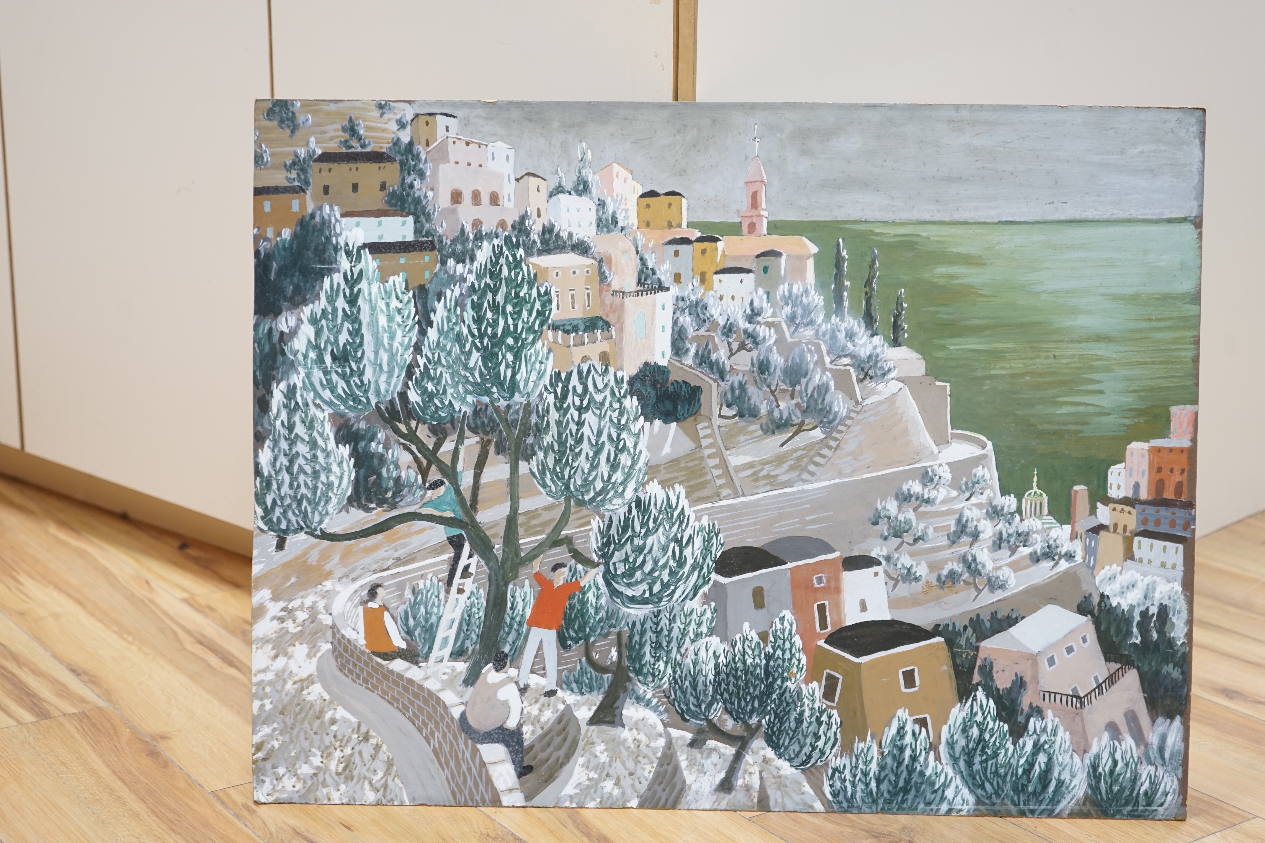 Modern British, mixed media on board, Amalfi coast, unsigned, unframed, 53 x 71cm